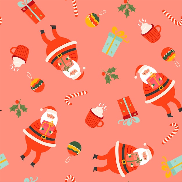 Nahtloses weihnachtsmuster mit weihnachtsmann, süßen stöcken, warmen getränken und geschenken. vektorgrafiken.
