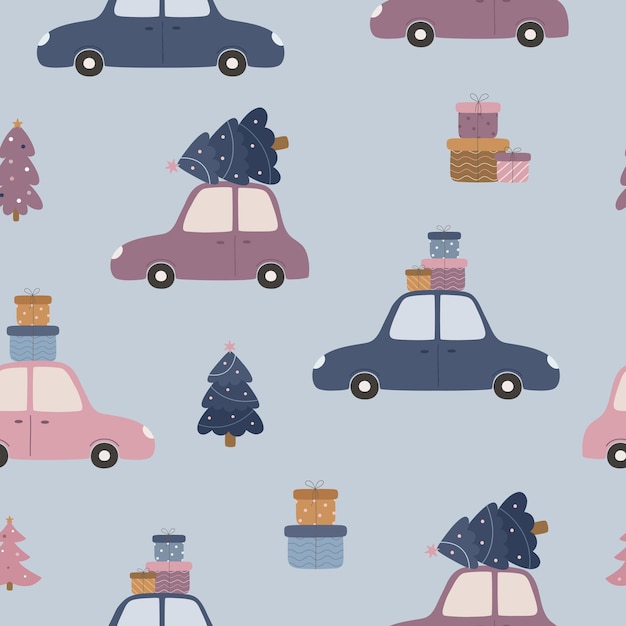 Nahtloses weihnachtsmuster nette autos mit geschenkboxen und einem weihnachtsbaum