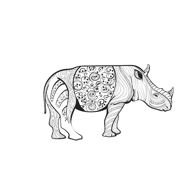 Nashorn, das zentangle-tier in voller länge auf weißem hintergrund zeichnet