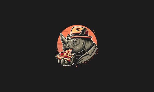 Nashorn isst pizza und trägt einen hut. vektor-maskottchen-design.