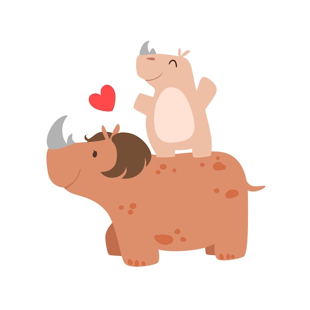 Nashorn-Mutter mit Frisur Tierelternteil und seine Baby-Kalb-Elternschaft unter dem Motto bunte Illustration Cartoon-Fauna-Figuren