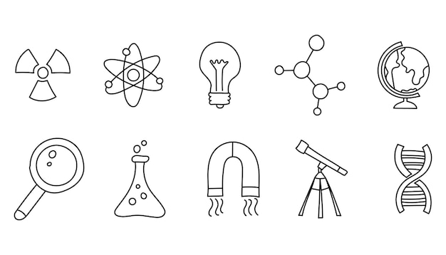 Vektor national science day satz handgezeichneter vektorobjekte im doodle-cartoon-stil.