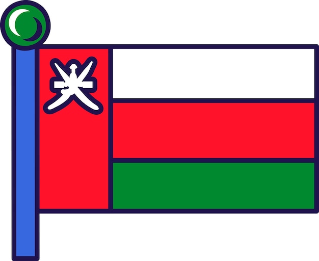 Nationale flagge des landes oman auf flaggenmast vektor horizontale dreifarbige weiße rote und grüne nation emblem khanjar und schwert auf vertikalen streifen patriotisches symbol flache cartoon-illustration