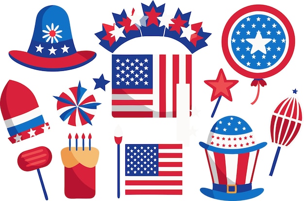 Nationale Symbole der USA für den Unabhängigkeitstag 4. Juli, Vektorillustrationen in Aquarellen