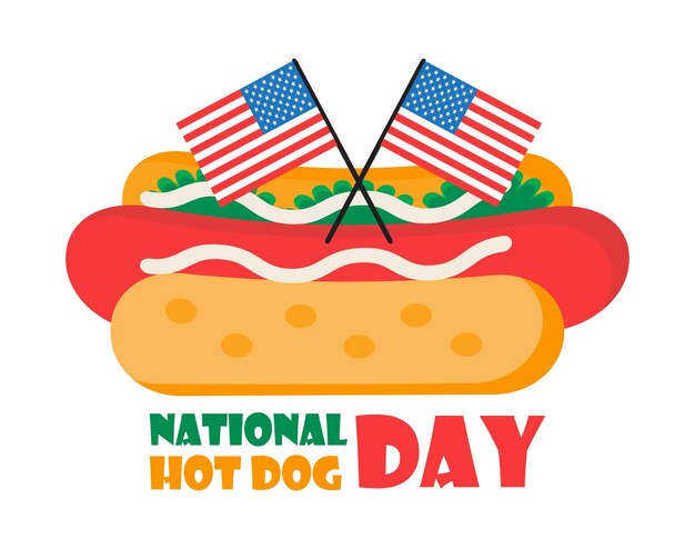 Nationales hot-dog-konzept, vektorpostkarte und web amerikanisches fast-food-poster oder banner für den tag