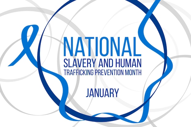 Nationales konzept für den monat der prävention von sklaverei und menschenhandel. banner mit blauem bandbewusstsein und text. vektor-illustration.