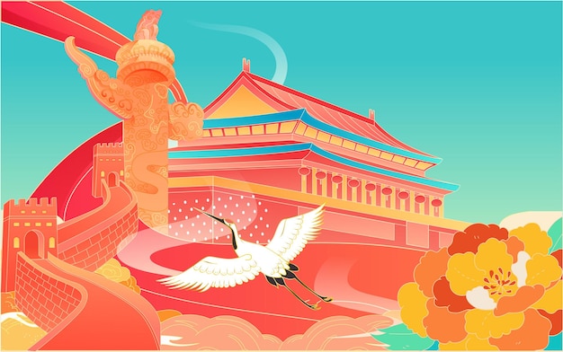 Vektor nationalfeiertag goldene woche stadtreise illustration im chinesischen stil gebäudeplakat