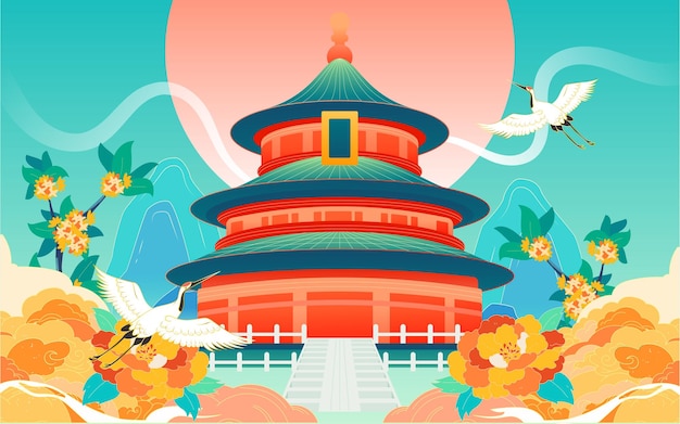 Vektor nationalfeiertag urlaub urlaub spielen illustration im chinesischen stil tempel des himmels gebäude poster