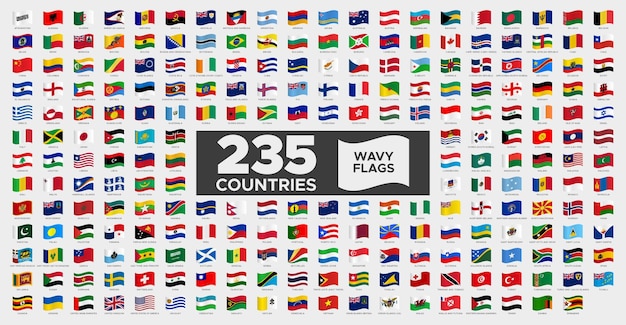 Vektor nationalflaggen aller länder im welligen designstil mit namen alphabetische weltflaggen