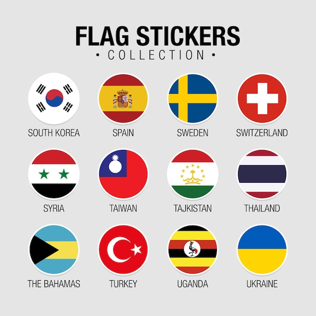 Nationalflaggen der Weltaufkleber mit Namen. Eingekreiste Flaggen, kreisförmige Designaufkleber
