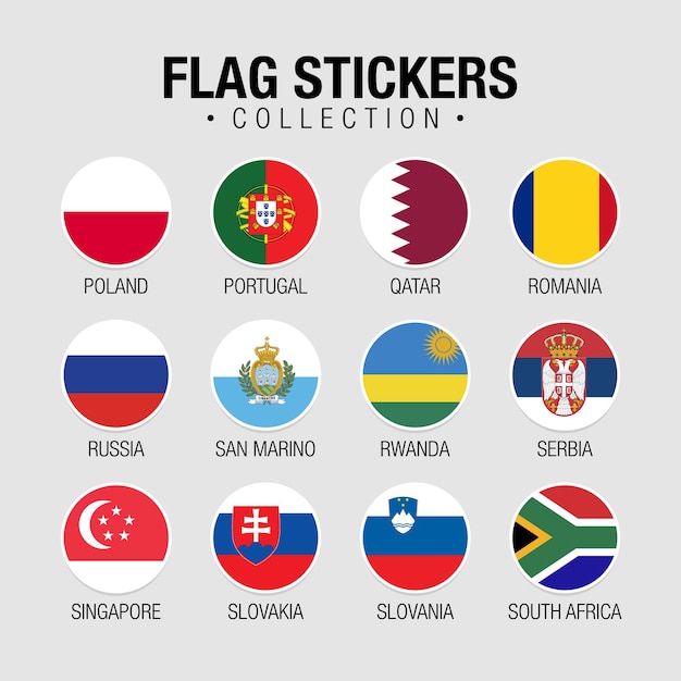 Nationalflaggen der Weltaufkleber mit Namen. Eingekreiste Flaggen, kreisförmige Designaufkleber