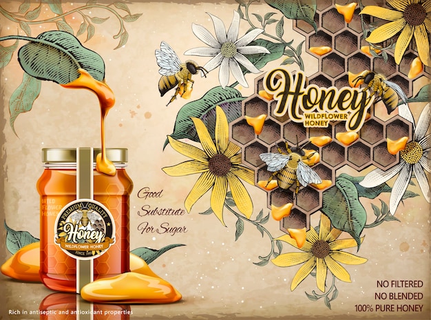 Natürliche honigwerbung, köstlicher honig tropfte von den blättern mit realistischem glas in der illustration, retro-bienenhaus und honigbienenhintergrund im radierungsschattierungsstil