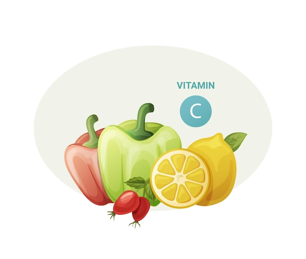 Vektor natürliche nahrungsquellen von vitamin c für eine gesunde ernährung