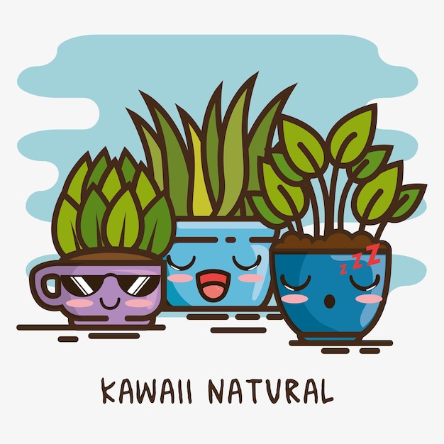 Natürliche pflanzenkarikatur des kawaii topfes