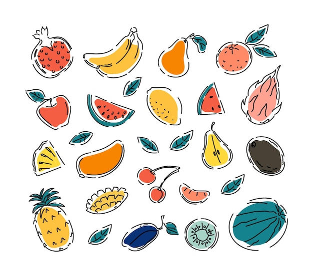 Natürliche tropische früchte zitrone, orange, äpfel, ananas gekritzel. vegetarisches essen. eine reihe von vektorillustrationen mit isolierten symbolen