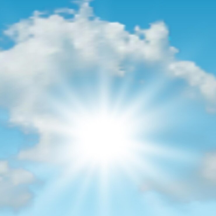 Vektor natürlicher hintergrund mit wolken und sonne am blauen himmel. realistische wolke auf blauem hintergrund. vektor-illustration