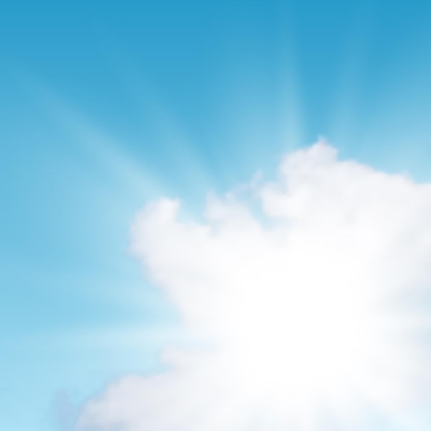 Natürlicher Hintergrund mit Wolken und Sonne am blauen Himmel Realistische Wolke auf blauem Hintergrund Vektorillustration
