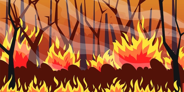 Natürliches Feuer Cartoon brennende Waldnaturkatastrophe Flammen auf Fichten und Büschen Vector Cataclysm Illustration