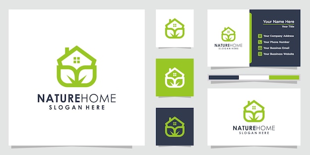 Natur-Home-Logo-Haus kombiniert mit Blatt-Logo und Visitenkarten-Design.