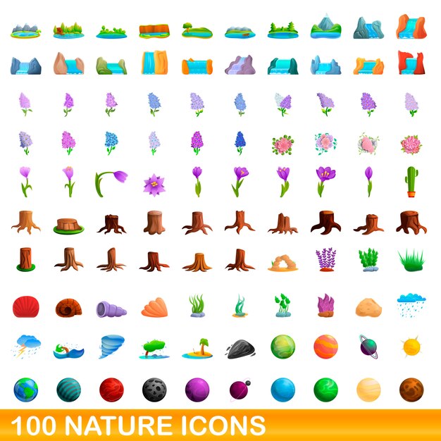 Natur icons set, cartoon-stil