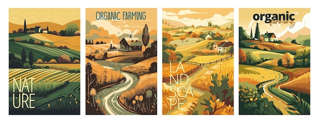 Natur- und Landwirtschaftslandschaft Dorf Himmel Feld Bäume Haus und Rasen für den Hintergrund Poster Vektorillustration Setdesign