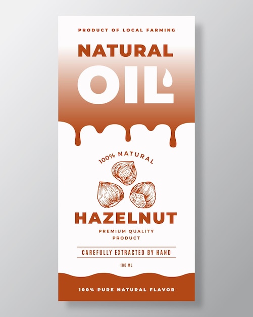 Natural oil abstract vector packaging design oder label template modern typography gradient drips und handgezeichnete haselnussnüsse sketch silhouette background layout