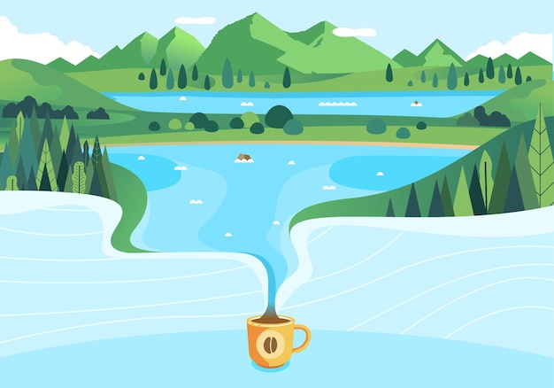 Naturkaffee illustriert mit der schönen berglandschaft, die in die tasse kaffee flache illustration gießt