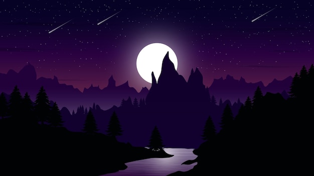 Naturlandschaft in der mondnacht vollmond über flusswald und bergvektorkunst mondnachtillustration