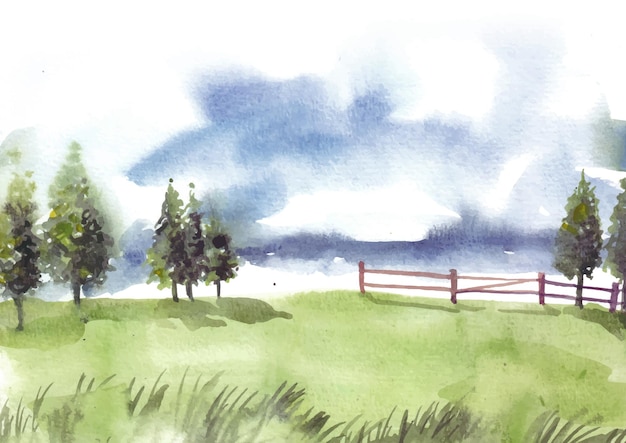 Vektor naturlandschaft mit kiefern und gartenzaun-aquarell