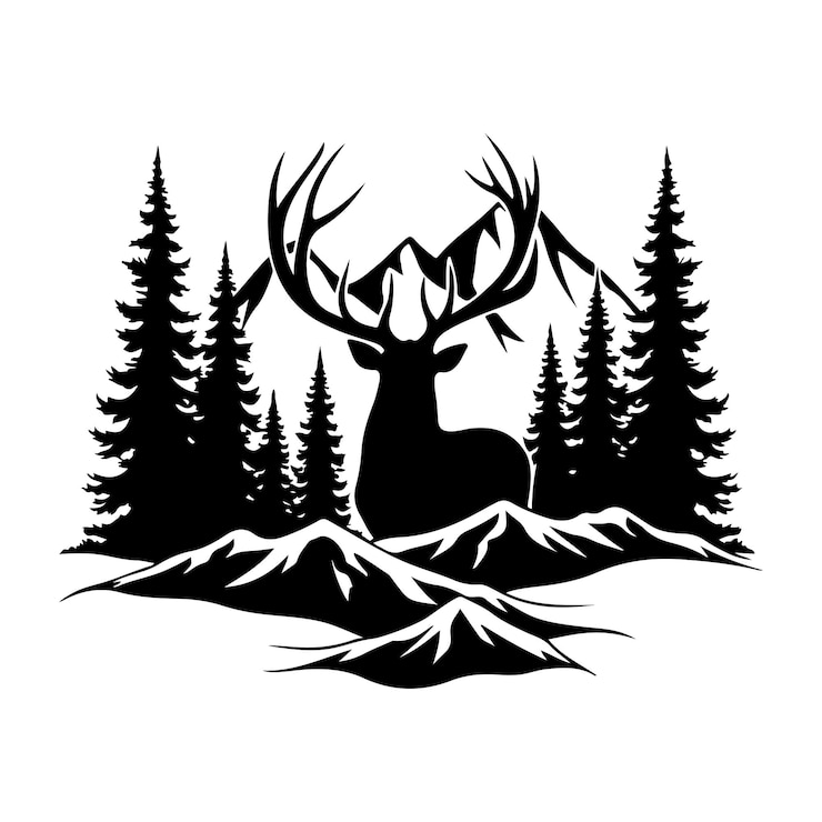 Vektor naturszene mit hirschsilhouette und kiefern-vektorkunst