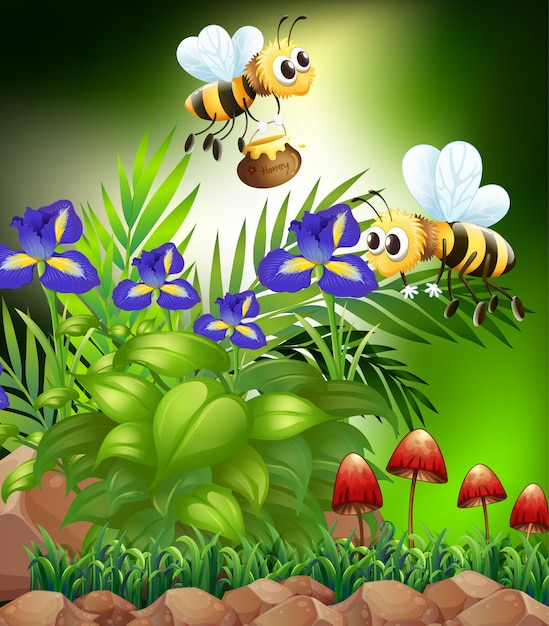 Naturszene mit honigbienen und blumen