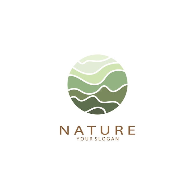 Naturvektorlogo mit bäumen, flüssen, meeren, bergen, geschäftsemblemen, reiseabzeichen, ökologische gesundheit