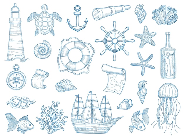 Nautische Sammlung. Segelboote handgezeichnete Marine Set Fische Schiffsset. Schiff Marine, Seeschiff, Sammlung Elemente Leuchtturm, Anker Illustration