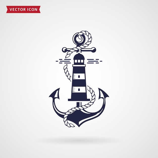 Nautisches emblem mit anker, leuchtturm und seil. elegantes design für t-shirt, seeetikett oder poster. marineblaues element lokalisiert auf weißem hintergrund. vektorillustration.