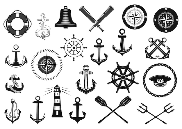 Vektor nautisches icon-set mit ankerhelm und seil