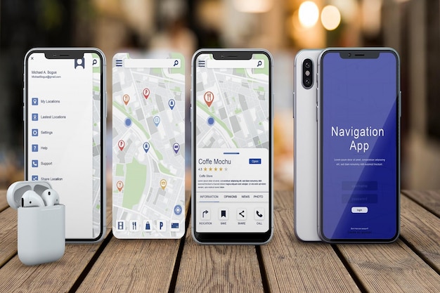 Navigations-landingpage. zusteller und empfänger, der sich auf ein smartphone mit pin stützt