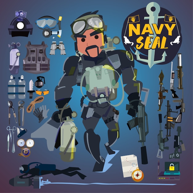 Navy seal soldat mit ausrüstung, waffen und ausrüstung.