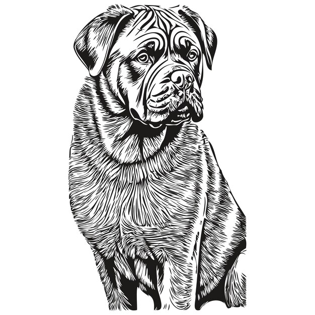 Neapolitanischer mastiff hund haustier silhouette tierlinie illustration handgezeichnete schwarz-weiße vektorskizze zeichnung