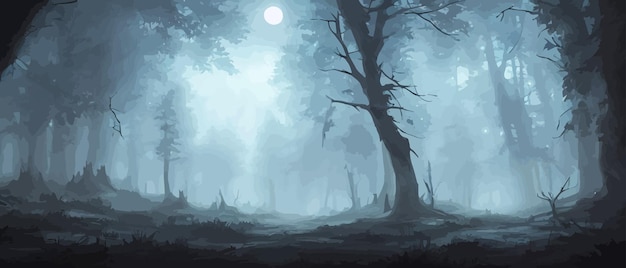 Nebelwald dunkler baum silhouette baum tricks im blauen nebel nebel in der nacht wald vektor
