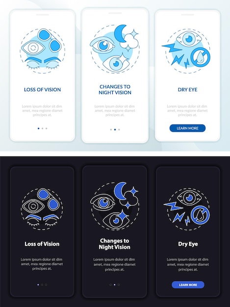 Nebenwirkungen weißer, schwarzer onboarding-seitenbildschirm der mobilen app. augenchirurgie walkthrough 3-stufige grafische anweisungen mit konzepten. ui-, ux-, gui-vektorvorlage mit linearen abbildungen für den nacht- und tagmodus