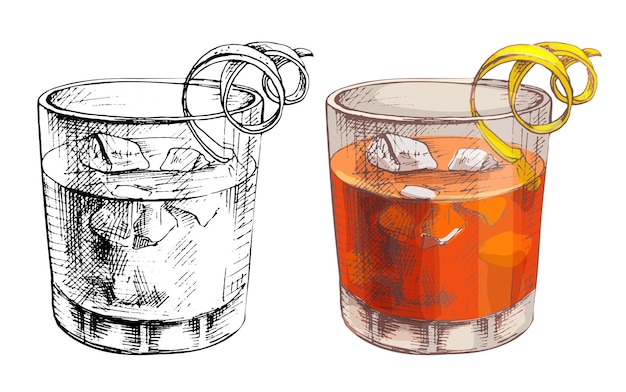 Negroni-Cocktail mit Eiswürfel und Twist Slice Zitrone Vektor-Vintage-Schraffur-Farbillustration Isoliert auf weißem Hintergrund Handgezeichnetes Design