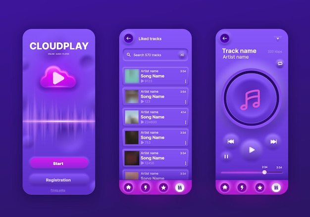 Neomorphe Musik-Player-Schnittstelle, UI-App-Bildschirm, Vektor-Handy-Wiedergabelistenanwendung. Neomorphe Musik-Player-Audio-Medien-Tastenbügel mit Song-Wiedergabelisten-Menü und Album-Cover, Neomorphismus UX