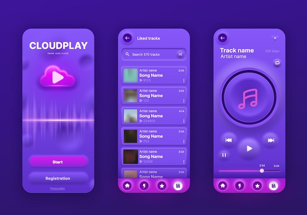 Neomorphe musik-player-schnittstelle, ui-app-bildschirm, vektor-handy-wiedergabelistenanwendung. neomorphe musik-player-audio-medien-tastenbügel mit song-wiedergabelisten-menü und album-cover, neomorphismus ux