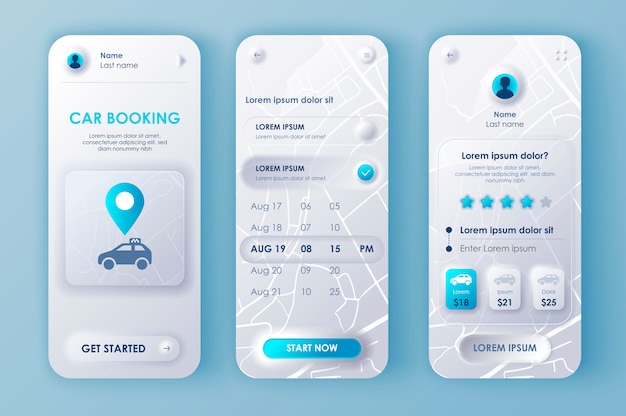 Neomorphic mobile app ui ux kit car buchung einzigartigen neomorphismus-stil.