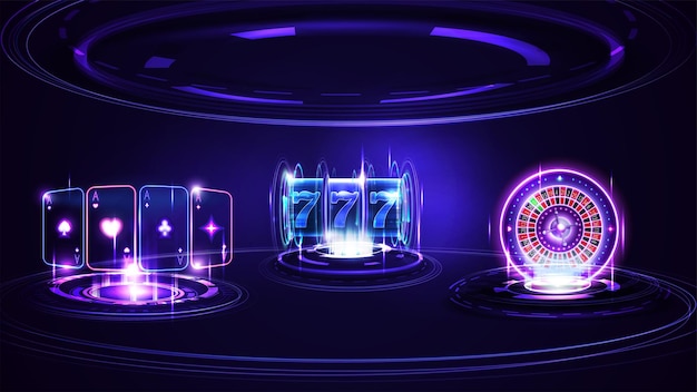 Neon Casino Spielautomat Casino Roulette Rad Spielkarten und Hologramm von digitalen Ringen in dunkler leerer Szene