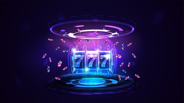 Neon-Casino-Spielautomat mit Jackpot, Pokerchips und Hologramm digitaler Ringe in dunkler, leerer Szene