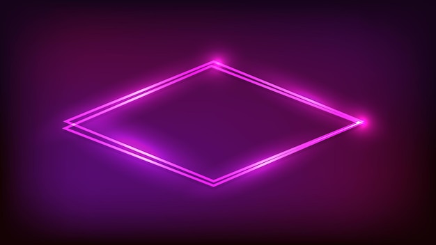 Neon-Doppelrautenrahmen mit glänzenden Effekten auf dunklem Hintergrund. Leere leuchtende Techno-Kulisse. Vektor-Illustration.