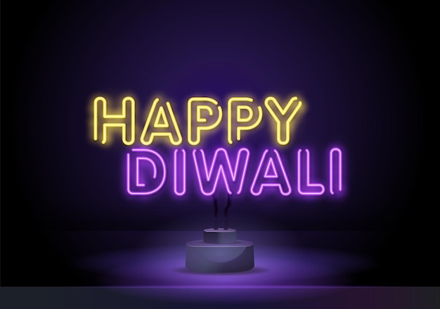 Neon-festliche inschrift für glückliche diwali-vektorillustration von glücklichem diwali-text im neon-stil mit ...