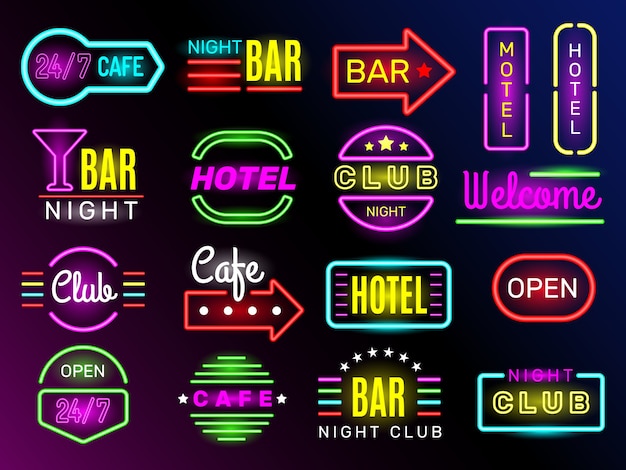 Vektor neon glow hotel. nachtwerbung retro schilder new york oder vegas stil vintage rahmen club banner. leichte nacht motel plakatwand, neonschild hotel illustration