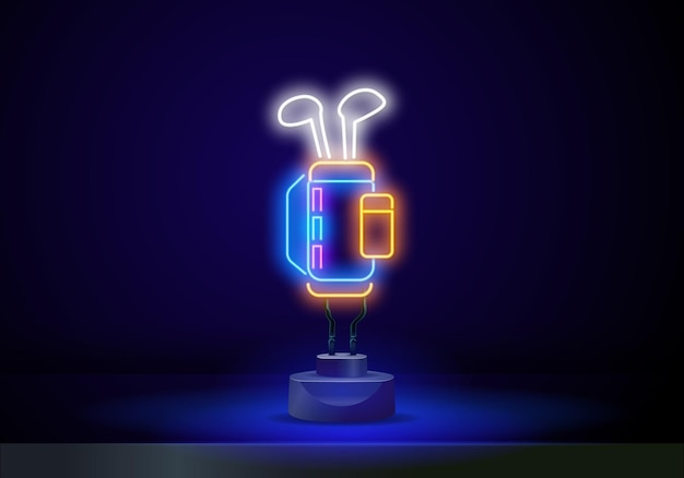 Neon-golfschlägertasche golfschläger-leuchtreklamen vektor-design-vorlage neon-stil leuchtendes helles symbol golf-putter-ball-zeichen